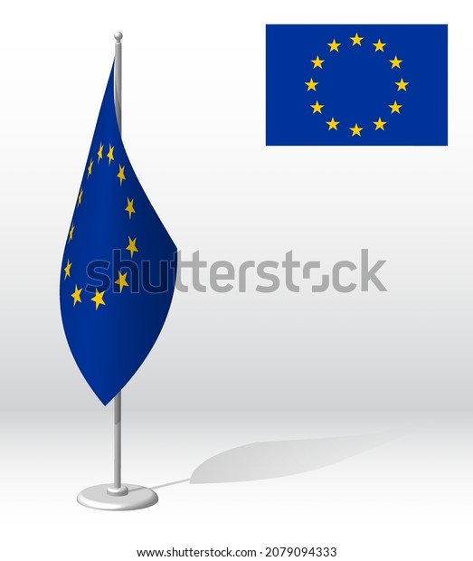 EUROPEAN UNION Republic flag on\
flagpole for registration of solemn event, meeting foreign guests.\
National independence day of EU. Realistic 3D vector on\
white