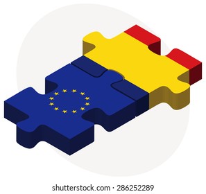 European Union and Romania Flags in puzzle isolated on white background