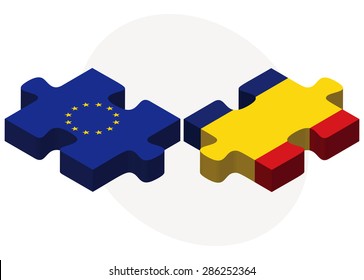 European Union and Romania Flags in puzzle isolated on white background