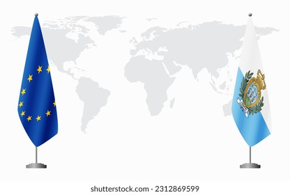 European Union and San Marino flags for official meeting against background of world map.