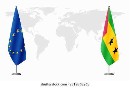 European Union and Sao Tome and Principe flags for official meeting against background of world map.