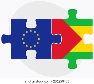 European Union and Sao Tome and Principe Flags in puzzle isolated on white background