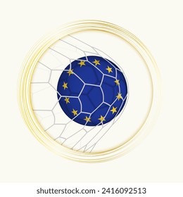 European Union scoring goal, abstract football symbol with illustration of European Union ball in soccer net. Vector sport illustration.