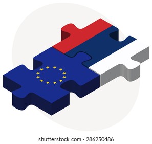 European Union and Serbia Flags in puzzle isolated on white background 