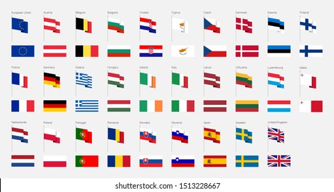 The European Union. Set of flags. Flagpole.