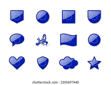 European Union - set of shiny flags of different shapes. Vector illustration
