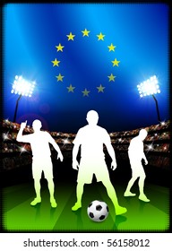 European Union Soccer Player with Flag on Stadium Background Original Illustration