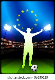 European Union Soccer Player with Flag on Stadium Background Original Illustration