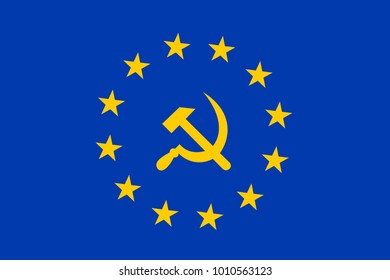 European Union as socialist and leftist institution. Vector illustration of hammer and sickle on blue field with yellow stars.