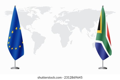 European Union and South Africa flags for official meeting against background of world map.