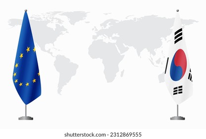 European Union and South Korea flags for official meeting against background of world map.