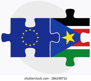 European Union and South Sudan Flags in puzzle isolated on white background