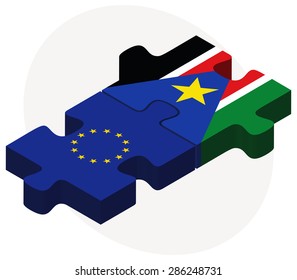 European Union and South Sudan Flags in puzzle isolated on white background