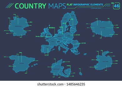 European Union, Spain, Ireland, Denmark, Poland and Germany Vector Maps