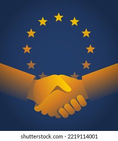 European Union stands strong together poster - EU flag with handshake. 