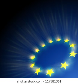 European Union stars glare on dark blue background.