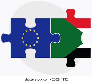 European Union and Sudan Flags in puzzle isolated on white background 