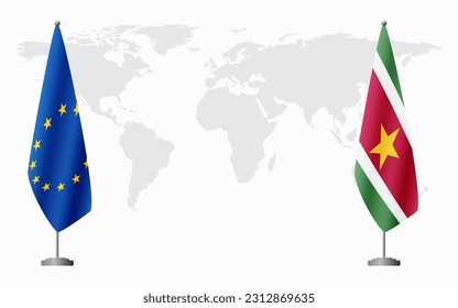 European Union and Suriname flags for official meeting against background of world map.
