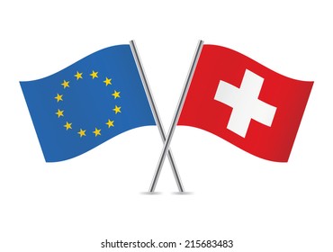 European Union and Switzerland crossed flags. EU and Swiss flags on white background. Vector icon set. Vector illustration.