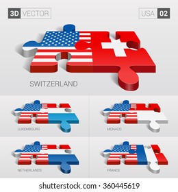 European Union and Switzerland, Luxembourg, Monaco, Netherlands, France Flag. 3d vector puzzle. Set 02.