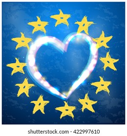 the European Union symbol with heart on blue background