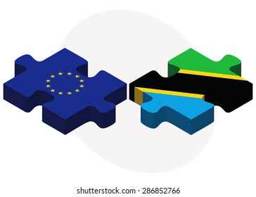 European Union and Tanzania Flags in puzzle isolated on white background