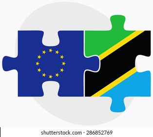 European Union and Tanzania Flags in puzzle isolated on white background