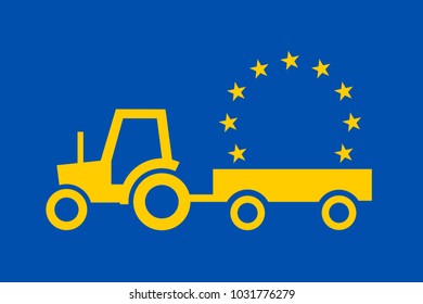 European Union and tractor as metaphor of EU and agriculture / farming. Rural vehicle and machine is transporting yellow flag. Vector illustration