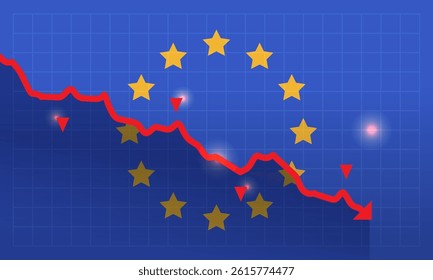 European Union trade war tariffs war economic downturn red declining graph chart yellow EU stars blue grid background financial crisis