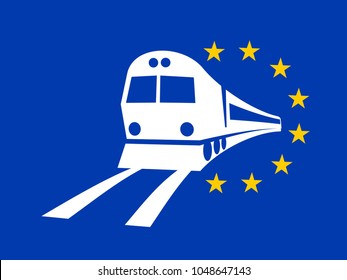 European Union and travelling and transportation by train on the railway and railroad. Vector illustration of simple pictogram of locomotive and EU flag.