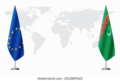 European Union and Turkmenistan flags for official meeting against background of world map.