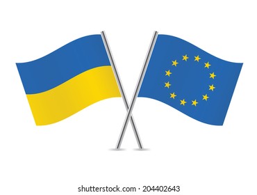 European Union and Ukraine flags. EU and Ukrainian flags on white background. Vector illustration.