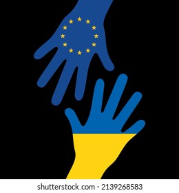 European Union and Ukraine. helping hand from europe. support concept. European Union cooperation with Ukraine. european union flag and ukraine flag. political games of the european union. for peace. 