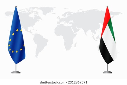 European Union and United Arab Emirates flags for official meeting against background of world map.