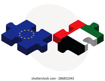 European Union and United Arab Emirates Flags in puzzle isolated on white background