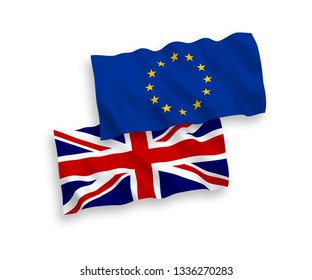 European Union and United Kingdom flags isolated on white background. Vector illustration of the EU und Great Britain flags 1 to 2 proportion.