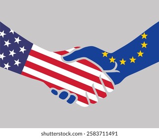 European Union and USA relations, cooperation vector concept. relationships, support, states military and political union. Handshaking two hands with US and EU flags. Vector icon illustration