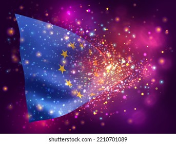 European Union, vector 3d flag on pink purple background with lighting and flares