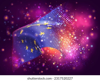 European Union, vector 3d flag on pink purple background with lighting and flares