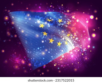 European Union, vector 3d flag on pink purple background with lighting and flares