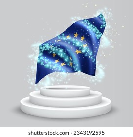 European Union, vector 3d flag on the podium surrounded by a whirlwind of magical radiance