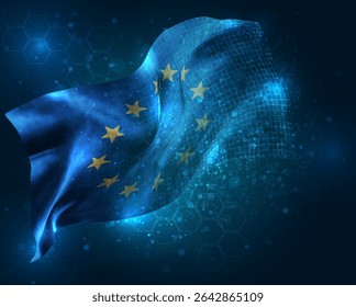 European Union, vector 3d flag virtual triangular polygons on a blue background
