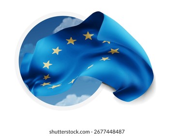 Bandera de la Unión Europea, Vector 3d contra un cielo azul, a través de un agujero redondo en un fondo blanco