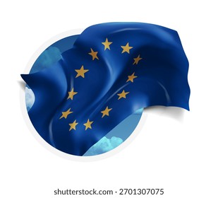 Bandera de la Unión Europea, Vector 3d contra un cielo azul, a través de un agujero redondo en un fondo blanco