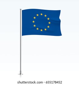 European Union vector flag template. Waving EU flag on a metallic pole, isolated on a white background.