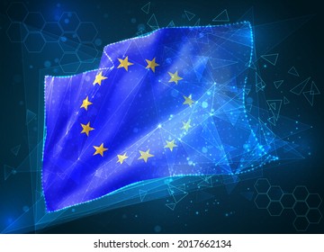 European Union,  vector flag, virtual abstract 3D object from triangular polygons on a blue background