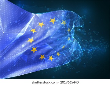 Unión Europea, bandera vectorial, objeto 3D virtual abstracto de polígonos triangulares sobre fondo azul