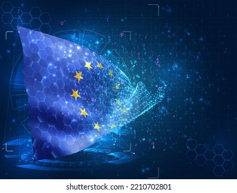 European Union,  vector flag, virtual abstract 3D object from triangular polygons on a blue background