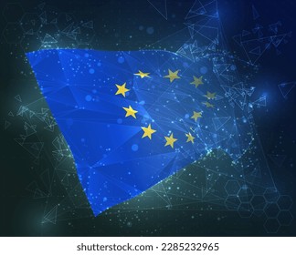 European Union,  vector flag, virtual abstract 3D object from triangular polygons on a blue background