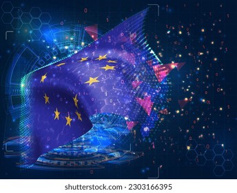 European Union,  vector flag, virtual abstract 3D object from triangular polygons on a blue background